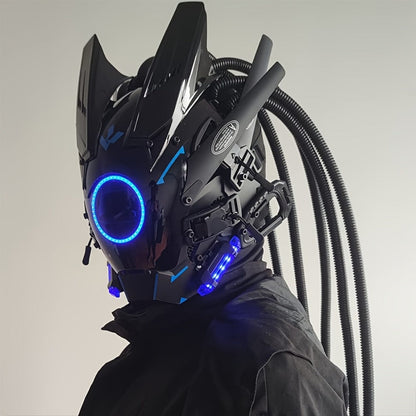 LED Cyberpunk Samurai Mask with Braids, Futuristic Sci-Fi Mechanical Face Mask for Halloween, Cosplay
