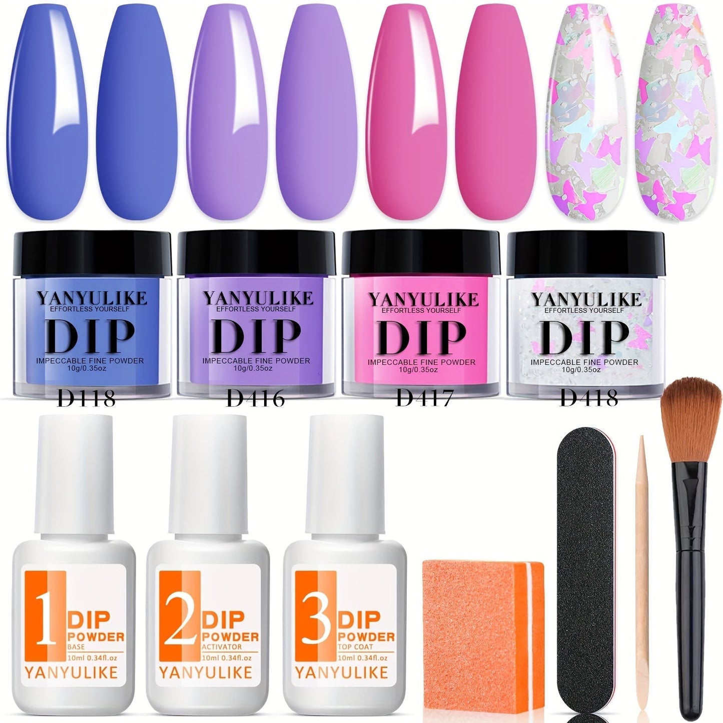 Dip Powder Nail Kit with YANYILIKE Label, Blue Lilac Pink Butterfly Glitter Powders and Three 10ml Liquids