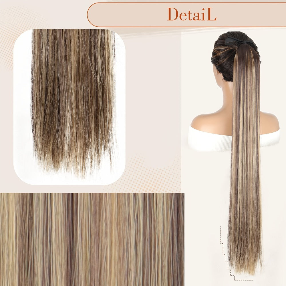 Hair Extensions Straight 34-Inch Synthetic Ponytail with Ribbon Wrap and Five Mixed or Natural-Tone Colors