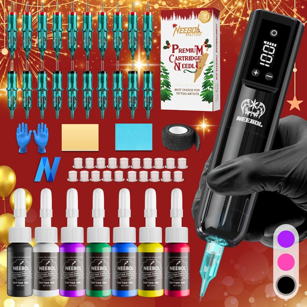 Cordless Rotary Tattoo Machine Kit Complete Set with Screen Display 6-8Hr Battery 20 Needles 7 Inks
