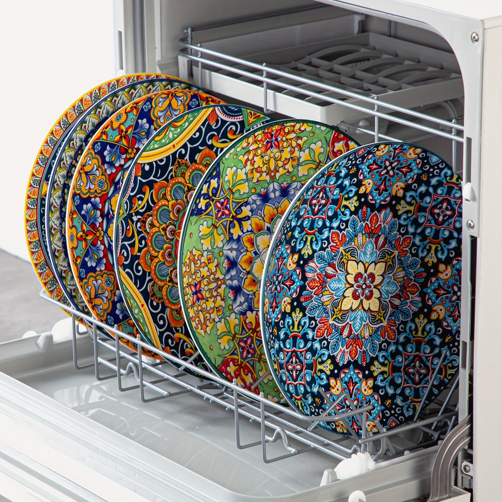 Bohemian Dinner Plates Set of 6 – 10.5 Inch Colorful Stoneware Plate Set Microwave Dishwasher Safe Scratch Resistant Porcelain Dinnerware