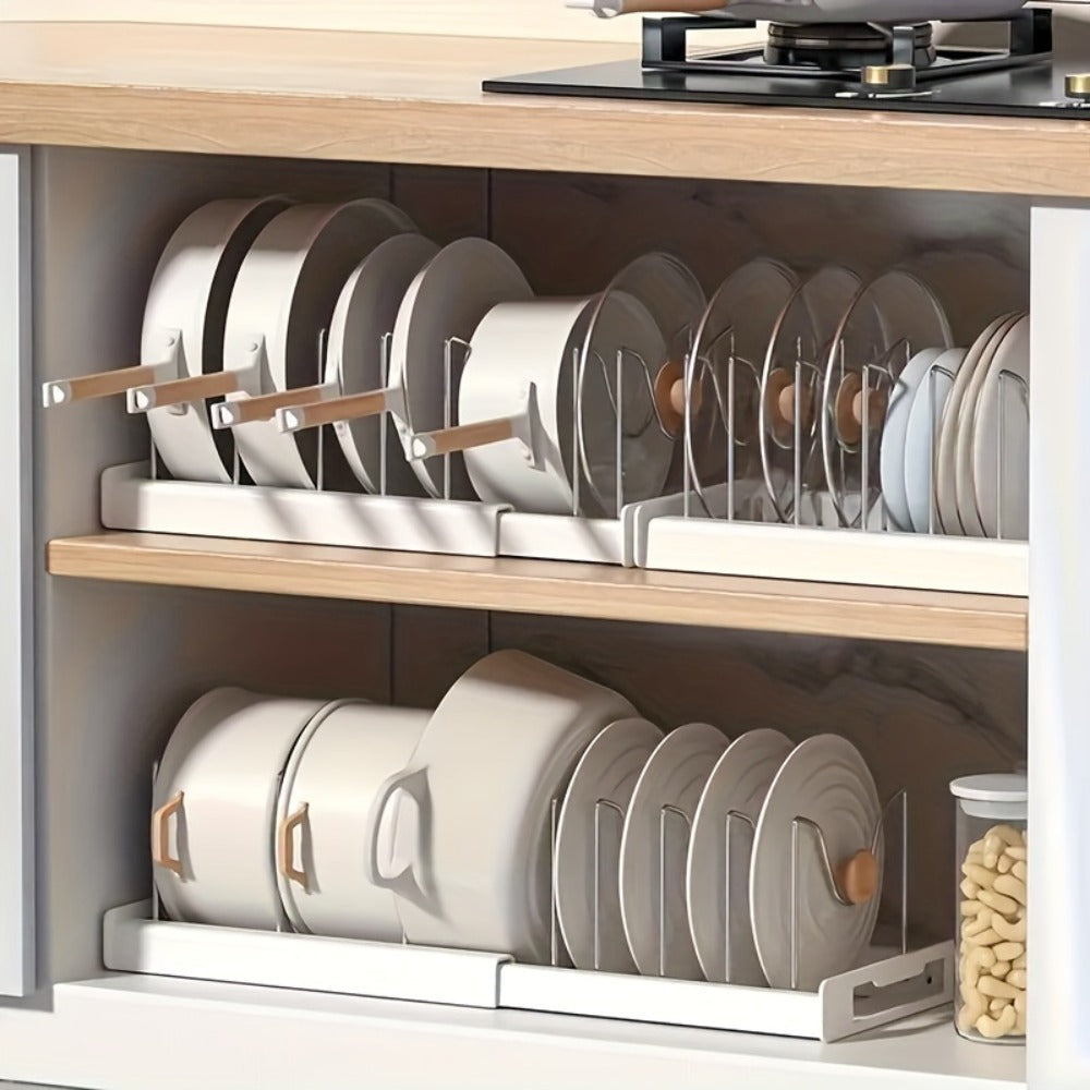 Expandable Pot Lid Kitchen Organizer with Removable Dividers, White Base and 12.2-22.6-Inch Width