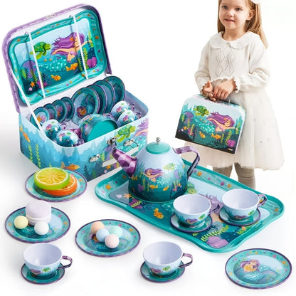 Mermaid Tea Party Set for Girls 21pcs, Tin Teapot, 4 Cups, Saucers, Plates & Carrying Case, Pretend Play Kitchen Toy for Toddlers