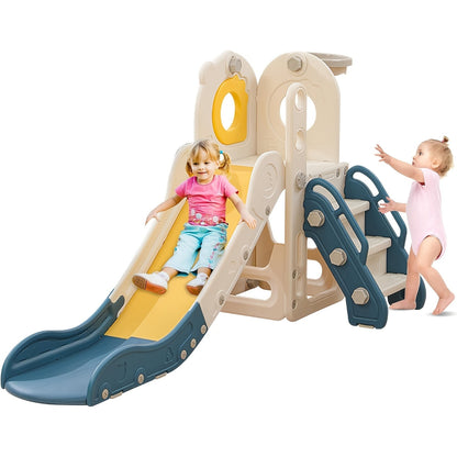 5-in-1 Toddler Slide with Basketball Hoop L-Shaped Freestanding Kids Indoor Outdoor Slide for Toddlers Ages 1-3 Boys Girls Birthday