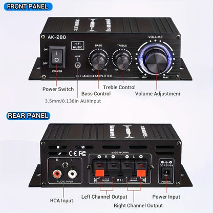 600W Mini HiFi Stereo Power Amplifier, Dual-Channel Class AB Compact Audio Amp, 2.0 Channel, RCA & AUX Input