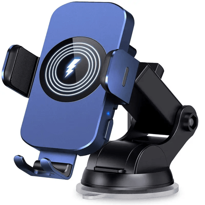 15W Auto-Clamping Wireless Car Phone Mount with Dashboard Suction Base and Blue or Gold Finish