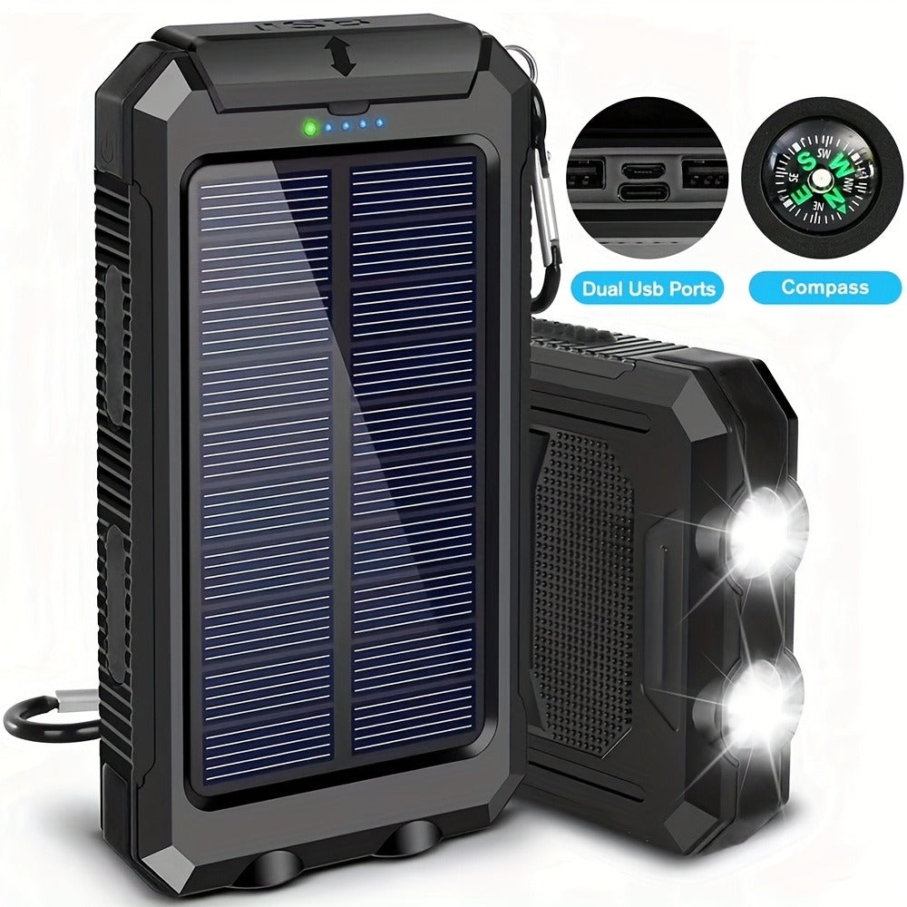Solar Power Bank, 29800mAh Dual-USB 5V Charger with Solar Panel, Dual LED Flashlight, Compass and Eight Color Options