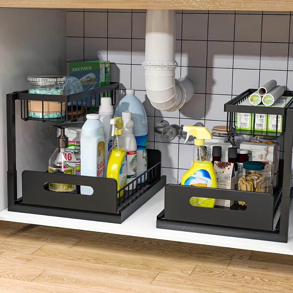 Under Sink Storage Organizer 2-Tier Sliding Metal Shelf in 1-Pack or 2-Pack, Black, White or Gray