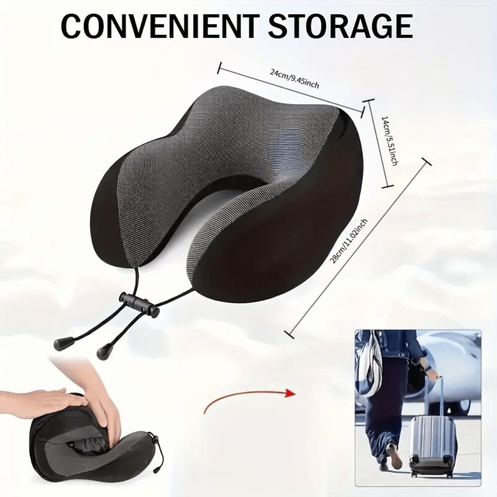 Hooded U-Shaped Travel Neck Pillow with Eye Mask, Carry Bag and Front Drawstrings in Pink, Blue, Black or Grey