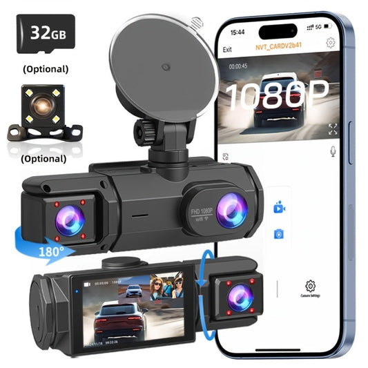 1080P-Labeled Dash Camera with Two- or Three-Lens Options, Screen and Optional WiFi or 32GB Card