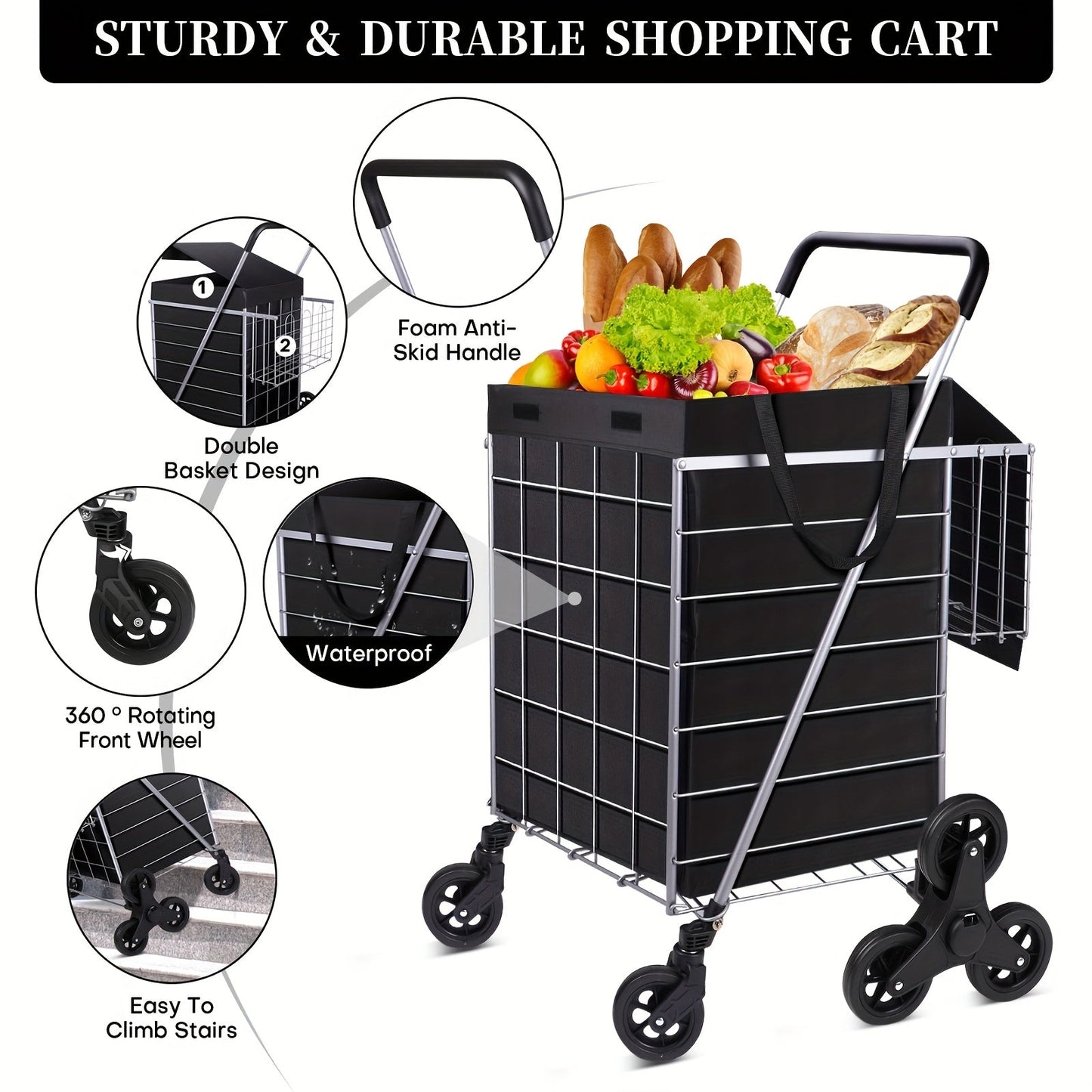 Stair Climbing Cart 8 Wheels 100 LBS Capacity Collapsible Utility Cart Foldable Grocery Dolly with Dual Basket Stainless Steel Frame