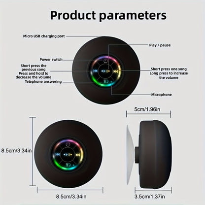 Bathroom Shower Speaker with LED Light, Wireless Bluetooth Speaker, USB Rechargeable 400mAh Battery