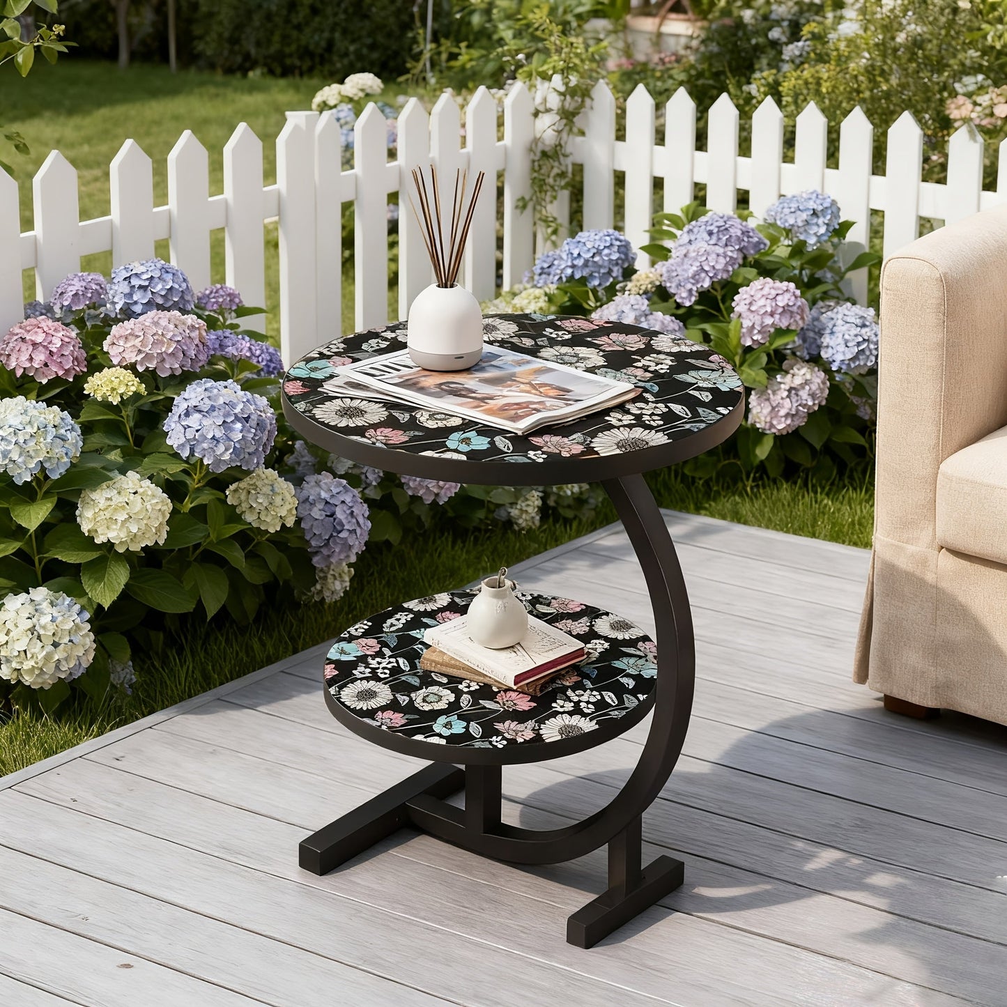 Side Table Round Floral Mandala Printed Top with Metal Frame for Indoor or Outdoor Accent Placement