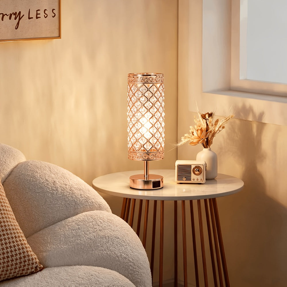 Crystal Cylinder Bedside Table Lamp with Dual USB Ports in Three Finishes and One- or Two-Pack Options