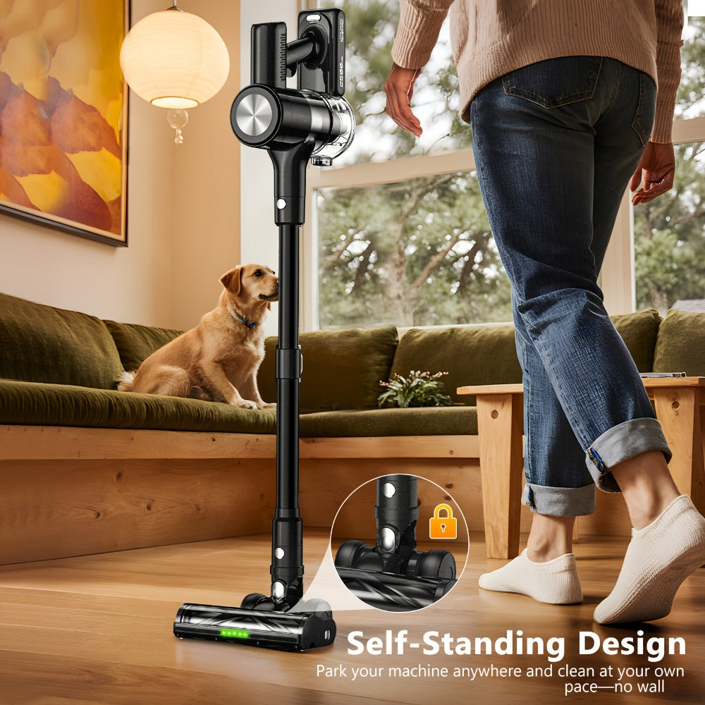 Cordless Stick Vacuum Cleaner 45KPA 8-in-1 with Anti-Tangle Brush Green Light Detection for Carpet Pet Hair Hardwood Tile Floor