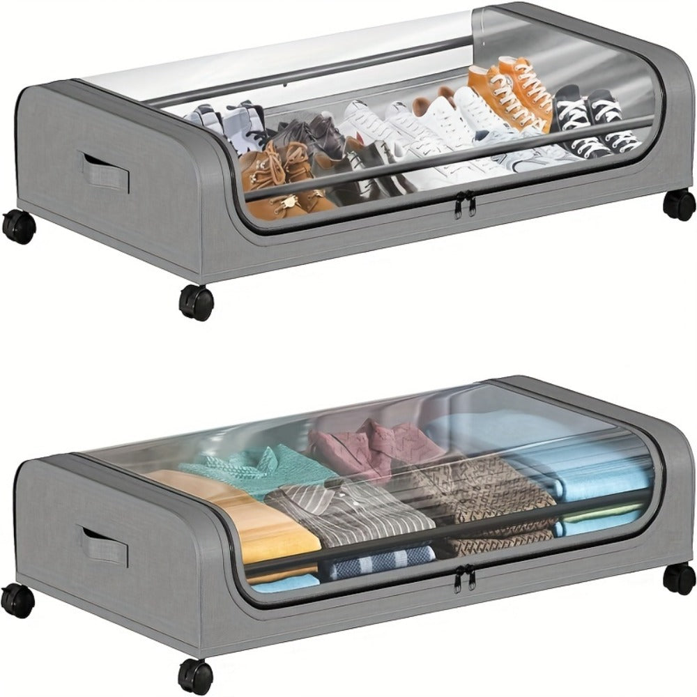 Under Bed Storage Organizer with Wheels & Lid – Metal Rolling Bins for Clothes Bedding Shoes Blankets Books (2pcs)