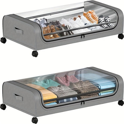 Under Bed Storage Organizer with Wheels & Lid – Metal Rolling Bins for Clothes Bedding Shoes Blankets Books (2pcs)