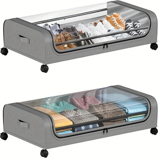 Under Bed Storage Organizer with Wheels & Lid – Metal Rolling Bins for Clothes Bedding Shoes Blankets Books (2pcs)