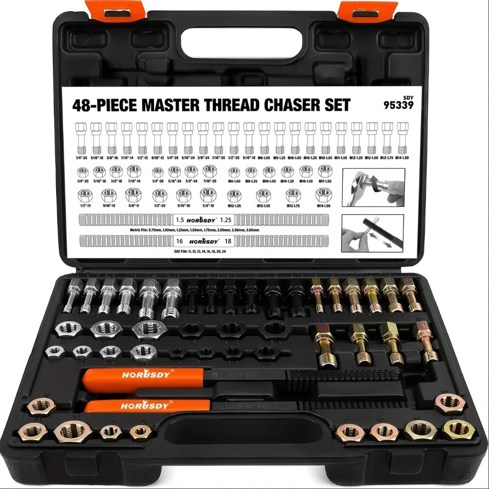 Thread Repair Kit 48-Piece – UNF UNC & Metric Tap and Die Rethreading Set, SAE & Metric Thread Chaser for Bolt & Nut Repair