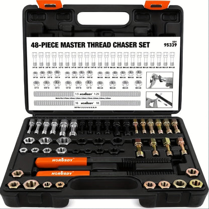Thread Repair Kit 48-Piece – UNF UNC & Metric Tap and Die Rethreading Set, SAE & Metric Thread Chaser for Bolt & Nut Repair