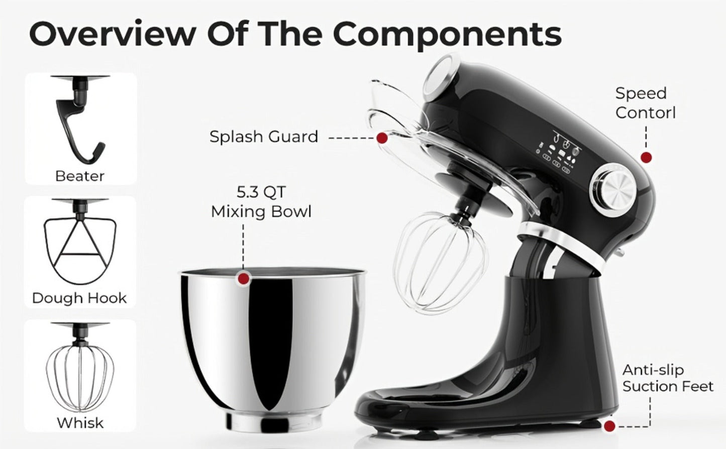 Bowl-Lift Stand Mixer 5.5 Qt 4-in-1 Electric Vertical Mixer 350W 12-Speed with Pulse for Entryways, Bedrooms and Living Spaces