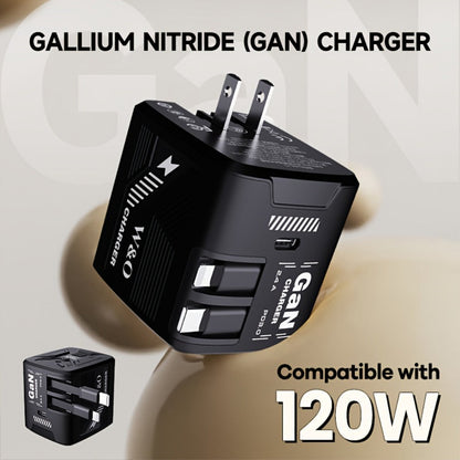 Dual Cable GaN Charger 120W with Built-In 47in Type-C & Lightning Retractable Cables, Foldable Plug – Tangle-Free Fast Charging USB-C Wall