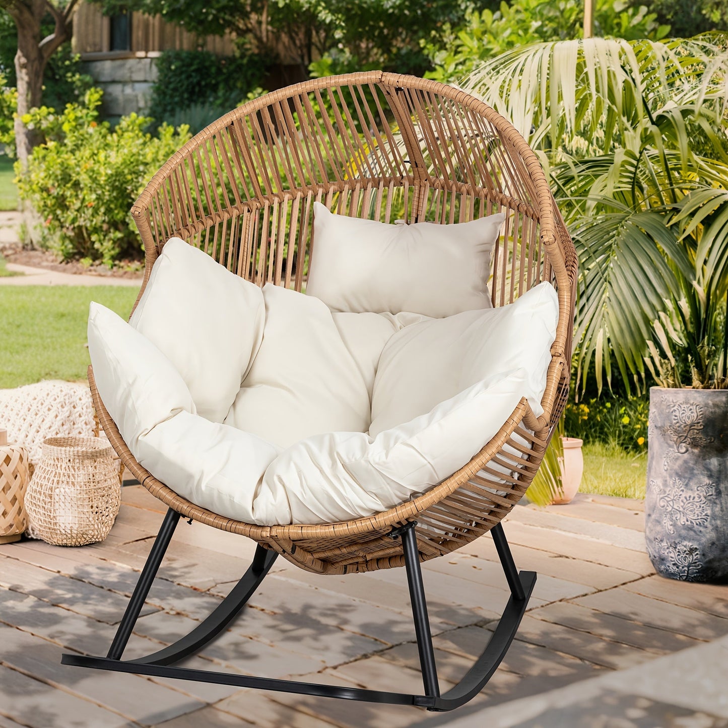 Egg Chair Outdoor Wicker PE Rattan Oversized Patio Lounge Chair with Cushion Rocking Egg Chair for Garden, Patio and Yard Use