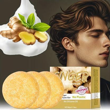 Ginger Shampoo Bar 3pcs × 60g – Natural Handmade Solid Shampoo Bar, Sulfate-Free, Paraben-Free & Vegan | Scalp Stimulating Ginger Formula