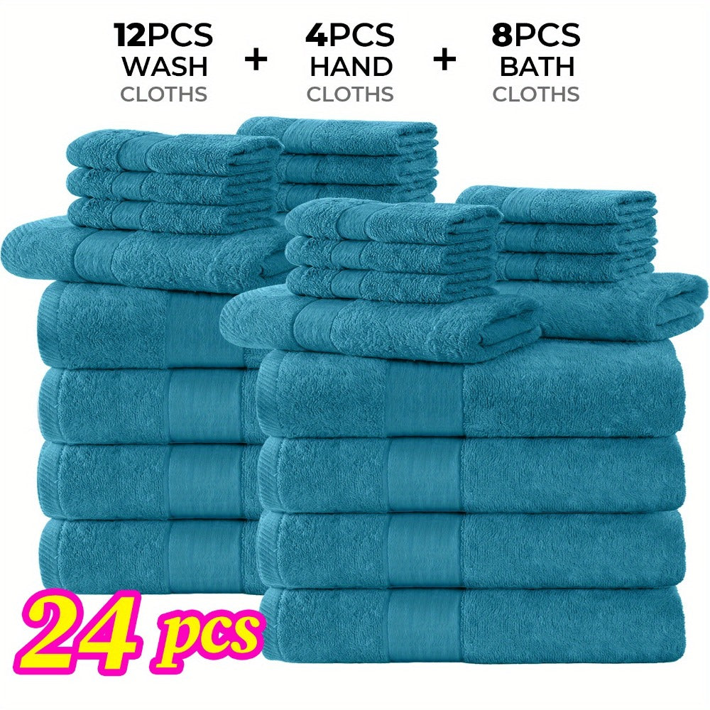 Towel Set 12 or 24 Piece Cotton Collection with Bath, Hand and Washcloth Formats in Seven Colors