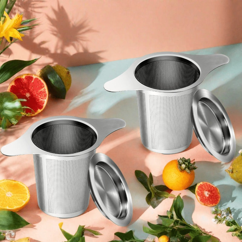 Stainless Steel Tea Strainer Set of 4 with Lid, Fine Mesh Tea Infuser with Dual Handles for Loose Leaf Tea
