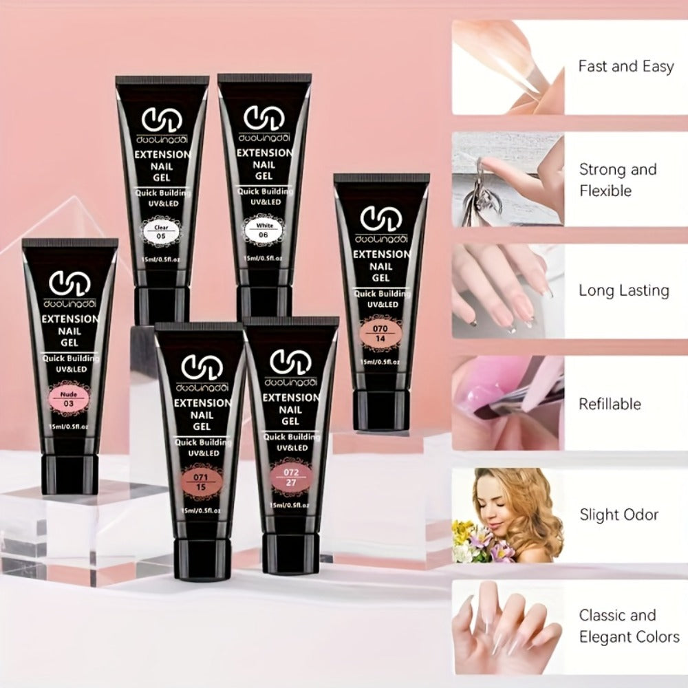 Poly Nail Gel Kit Hard Builder 6 Colors Clear Pink White – Nail Extension Thickening & Strengthening Gel for Brittle Thin Nails & French