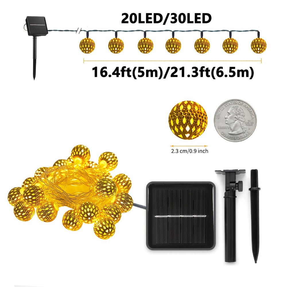 Moroccan Solar String Lights Outdoor – Metal Sphere Fairy Lights with 20/30/50 LED Beads, 8 Modes