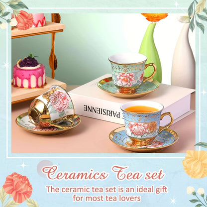 Floral Porcelain Tea Cups and Saucers Set of 12 – 5.4 Oz British Style Tea Party Cups – Classic Elegant Gift for Women