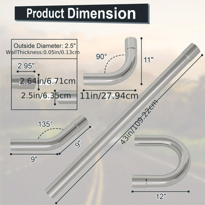2.5 Inch Exhaust Pipe Kit Mandrel Bend – 8pcs Universal Mild Steel 16 Gauge Tubing with 90° 45° U-Bend & Straight Pipes for Custom Exhaust