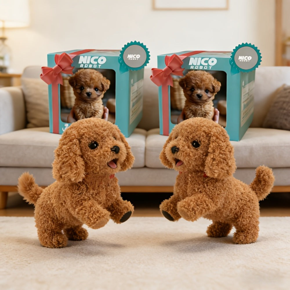 Two-Piece Brown Electronic Plush Puppy Toy Set with Walking and Barking Presentation and Boxed Dogs