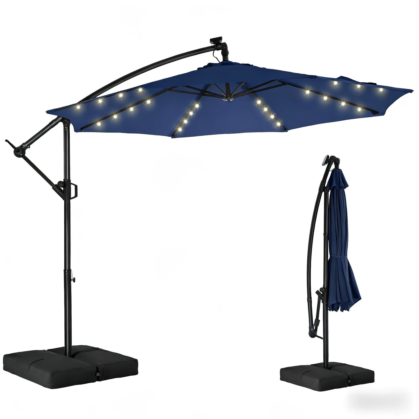 Patio Umbrella 10FT Solar LED Cantilever Style with 32 Lights, Eight-Rib Frame, Tilt and Four Colors