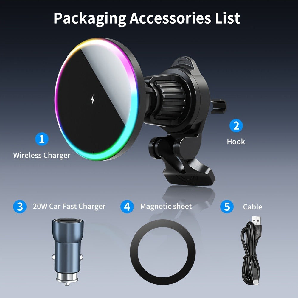 Wireless Car Charger with USB-C Adapter Included 15W Magnetic Vent Dashboard Phone Mount for iPhone 17 16 15 14 13 12 Pro Max