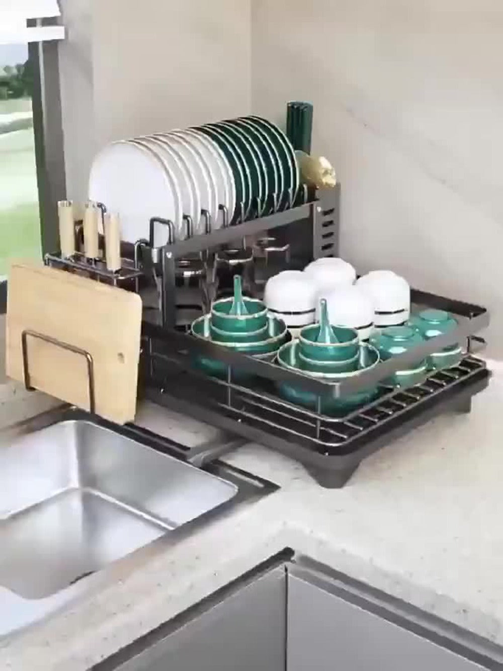 Two-Tier Dish Drying Rack Set with Metal Frame, Drainboard, Mat and Utensil and Cup Holders