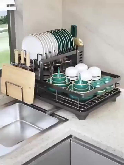 Two-Tier Dish Drying Rack Set with Metal Frame, Drainboard, Mat and Utensil and Cup Holders