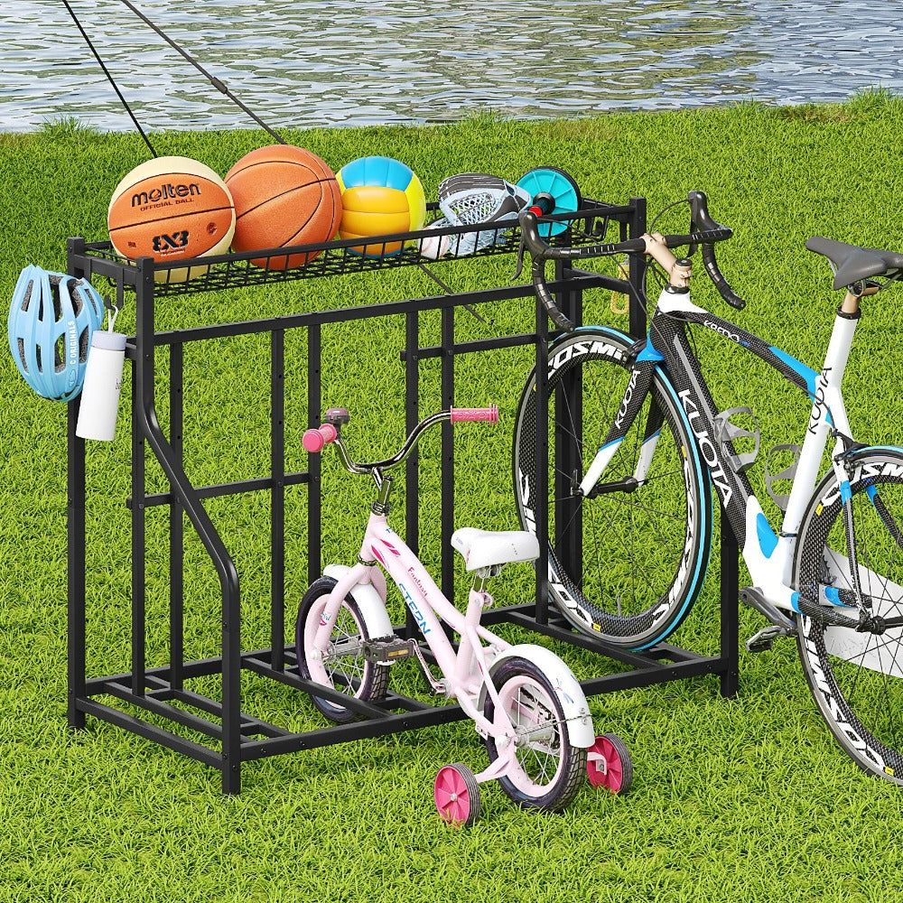 Freestanding Bike Storage Stand with Basket & Hooks, Adjustable Floor Rack for 3-4 Bikes, Indoor Outdoor Garage Organizer
