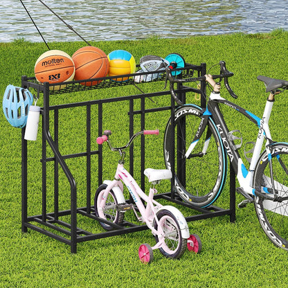 Freestanding Bike Storage Stand with Basket & Hooks, Adjustable Floor Rack for 3-4 Bikes, Indoor Outdoor Garage Organizer