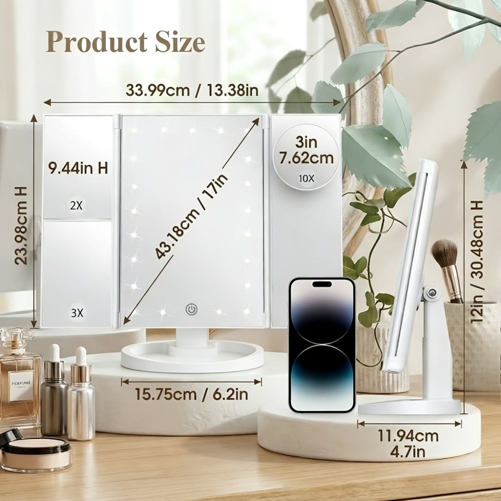 Vanity Mirror with Lights Tri-Fold 21 LED Lighted Makeup Mirror Touch Control 1X 2X 3X 10X Magnification 360 Rotation Dual Power Tabletop
