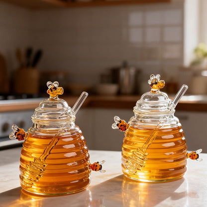 480ml Beehive-Shaped Glass Storage Jar with Honeycomb Accents, Matching Lid and Spiral-Ended Stirrer