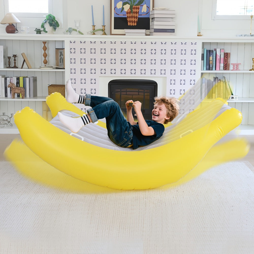 Yellow-and-Gray Banana-Shaped Inflatable Lounge Chair Set with Pictured Pump and 1 Set Checkout