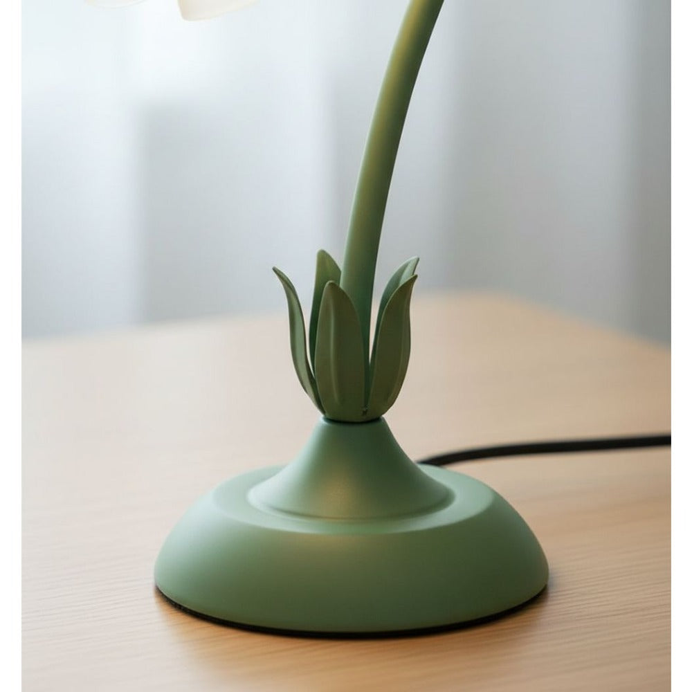 Table Lamp with Green Bellflower Stem, Floral Shade, Corded Power and Single Botanical Design