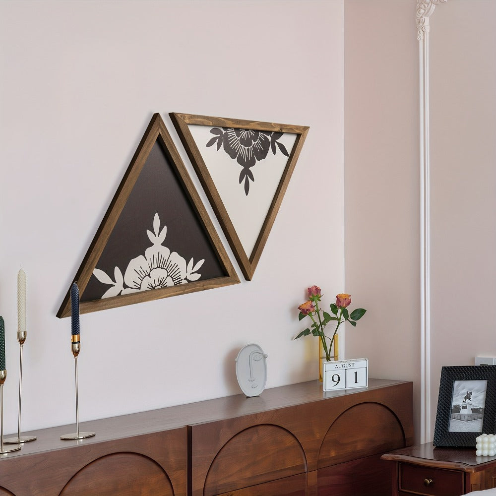 Boho Floral Wall Art Framed, Wooden Botanical Wall Decor with Black & White Geometric Triangles, Vintage Boho Style for Bedroom