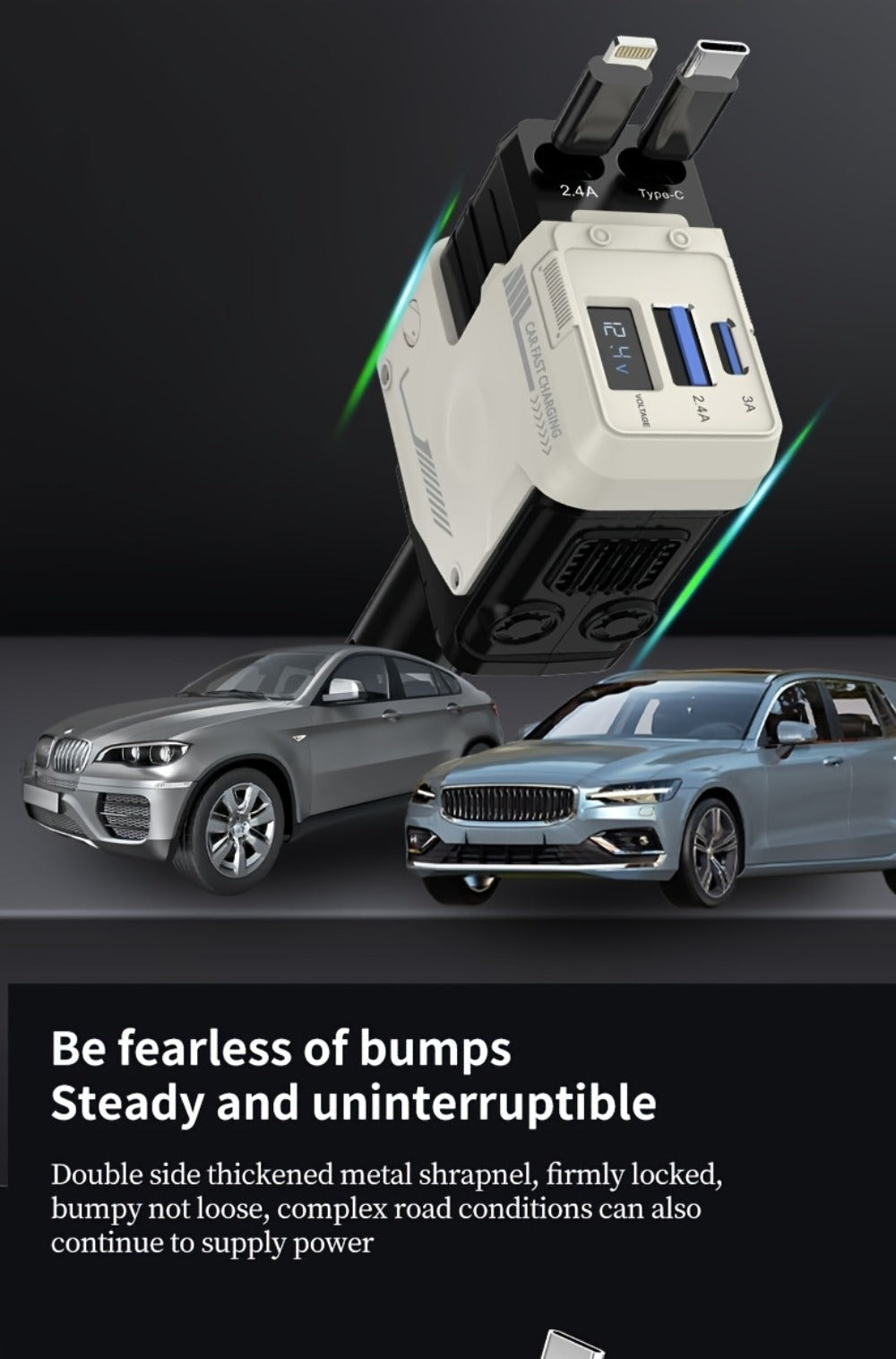 120W Fast Car Charger 4-in-1 with Retractable PD 3.0 Type-C Cable & Multi-Port USB Adapter
