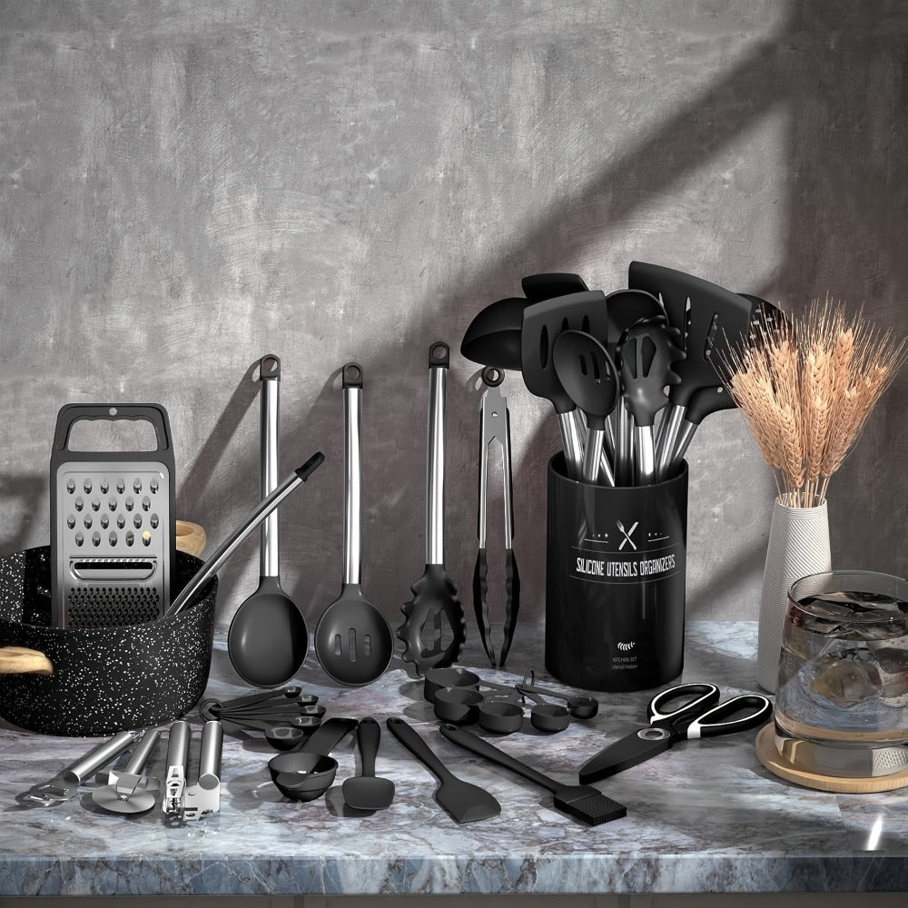 Kitchen Utensils 34-Piece Silicone and Stainless Steel Handle Set with Holder in Four Colors