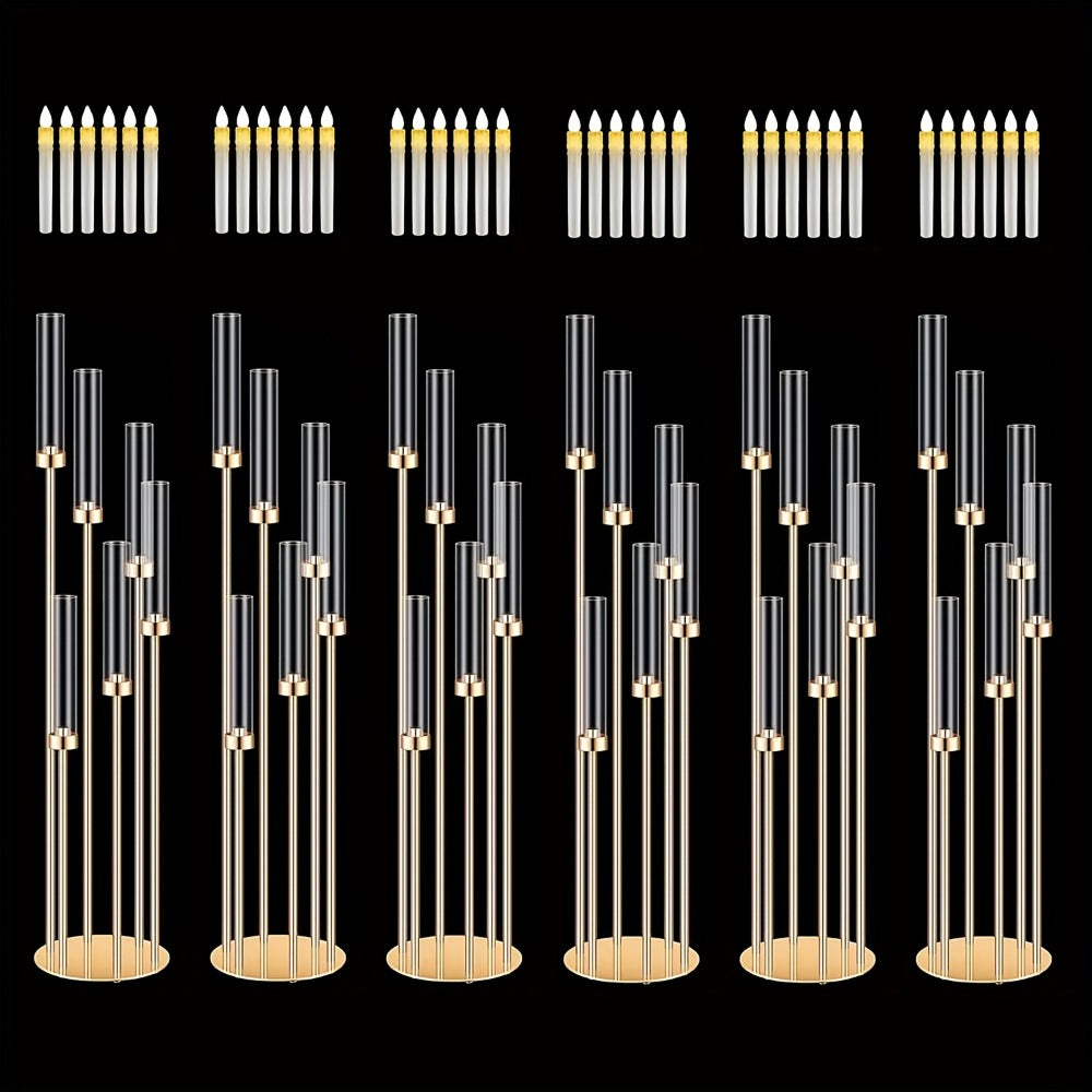 Floor Candelabra 6-Arm 46 Inch Gold Metal Candlestick Set with 12pcs LED Candles & Acrylic Shades