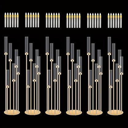 Floor Candelabra 6-Arm 46 Inch Gold Metal Candlestick Set with 12pcs LED Candles & Acrylic Shades